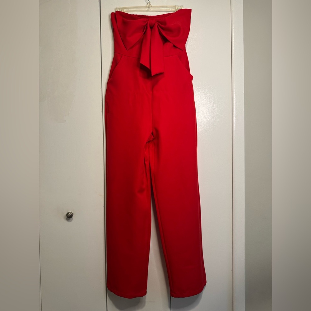 Red bow top, jumpsuit